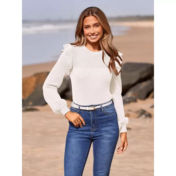 imagePRETTYGARDEN Womens Ruffle Long Sleeve Sweaters Crew Neck Lightweight Sweatshirts 2024 Fall Ribbed Knit Pullover TopsWhite