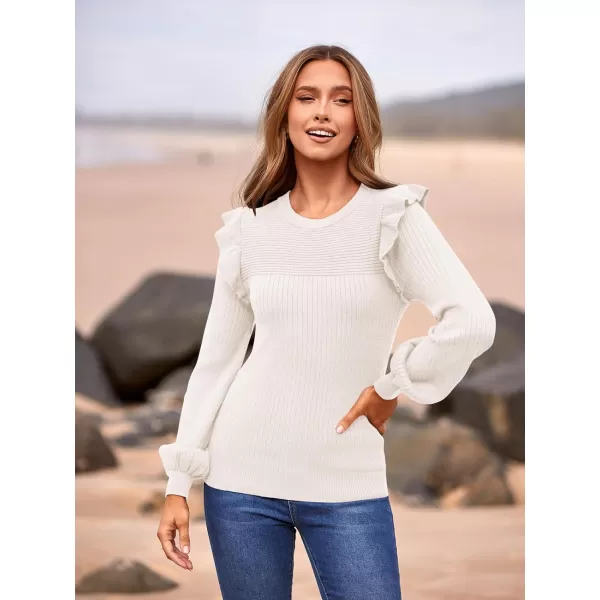 imagePRETTYGARDEN Womens Ruffle Long Sleeve Sweaters Crew Neck Lightweight Sweatshirts 2024 Fall Ribbed Knit Pullover TopsWhite