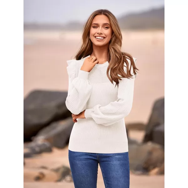imagePRETTYGARDEN Womens Ruffle Long Sleeve Sweaters Crew Neck Lightweight Sweatshirts 2024 Fall Ribbed Knit Pullover TopsWhite