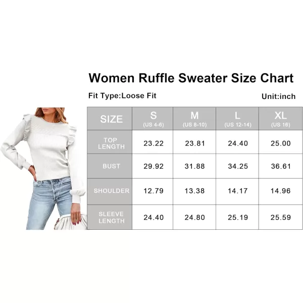 imagePRETTYGARDEN Womens Ruffle Long Sleeve Sweaters Crew Neck Lightweight Sweatshirts 2024 Fall Ribbed Knit Pullover TopsWhite