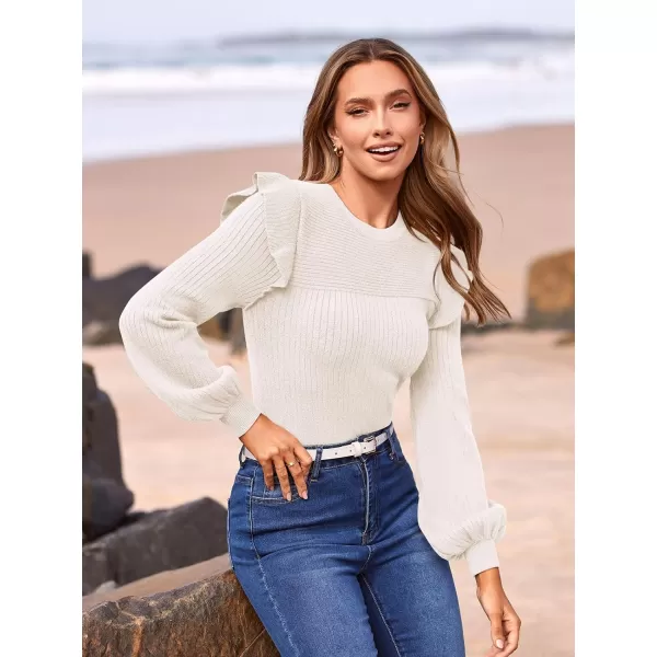 imagePRETTYGARDEN Womens Ruffle Long Sleeve Sweaters Crew Neck Lightweight Sweatshirts 2024 Fall Ribbed Knit Pullover TopsWhite