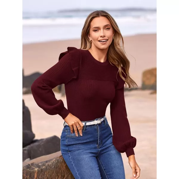 imagePRETTYGARDEN Womens Ruffle Long Sleeve Sweaters Crew Neck Lightweight Sweatshirts 2024 Fall Ribbed Knit Pullover TopsWine Red