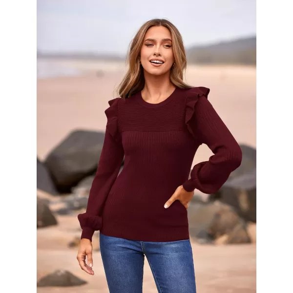 imagePRETTYGARDEN Womens Ruffle Long Sleeve Sweaters Crew Neck Lightweight Sweatshirts 2024 Fall Ribbed Knit Pullover TopsWine Red