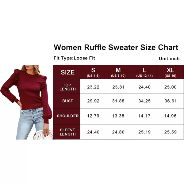 imagePRETTYGARDEN Womens Ruffle Long Sleeve Sweaters Crew Neck Lightweight Sweatshirts 2024 Fall Ribbed Knit Pullover TopsWine Red