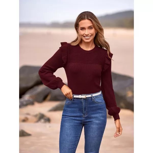 imagePRETTYGARDEN Womens Ruffle Long Sleeve Sweaters Crew Neck Lightweight Sweatshirts 2024 Fall Ribbed Knit Pullover TopsWine Red