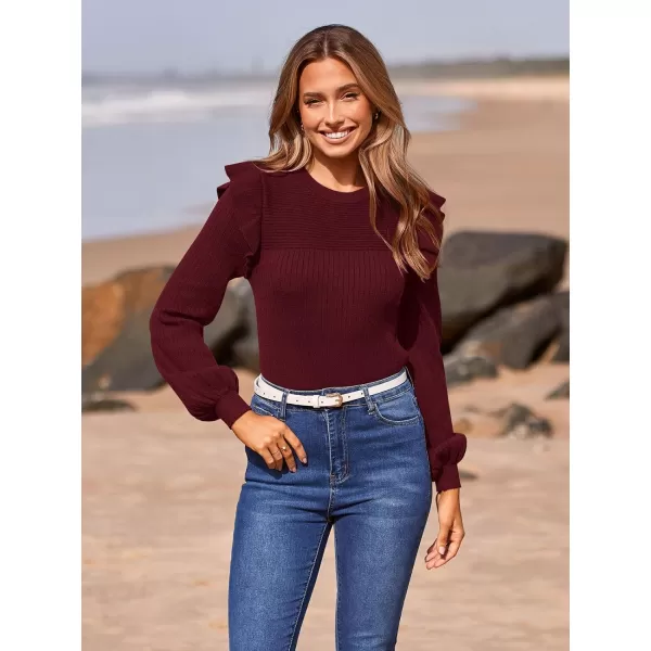 imagePRETTYGARDEN Womens Ruffle Long Sleeve Sweaters Crew Neck Lightweight Sweatshirts 2024 Fall Ribbed Knit Pullover TopsWine Red
