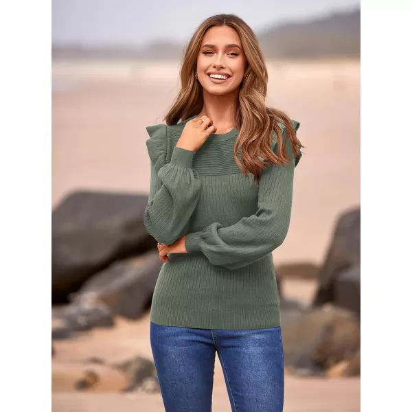 imagePRETTYGARDEN Womens Ruffle Shoulder Long Sleeve Sweaters Crew Neck Slim Fitted 2023 Fall Ribbed Knit TopsBean Green