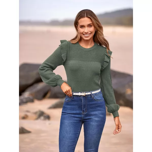 imagePRETTYGARDEN Womens Ruffle Shoulder Long Sleeve Sweaters Crew Neck Slim Fitted 2023 Fall Ribbed Knit TopsBean Green