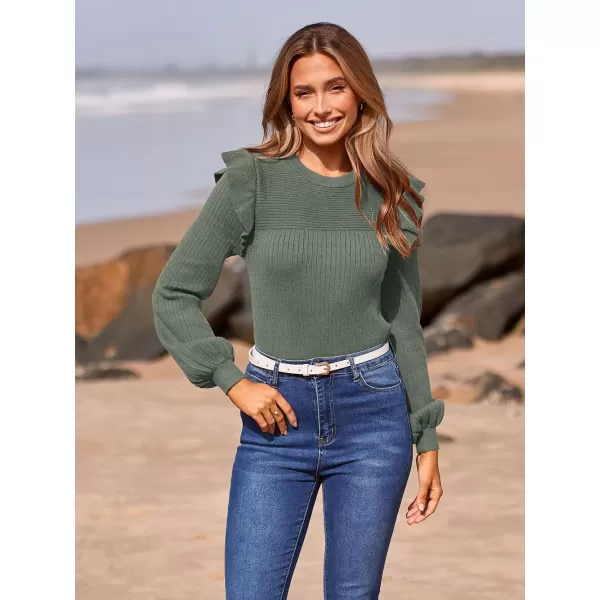 imagePRETTYGARDEN Womens Ruffle Shoulder Long Sleeve Sweaters Crew Neck Slim Fitted 2023 Fall Ribbed Knit TopsBean Green
