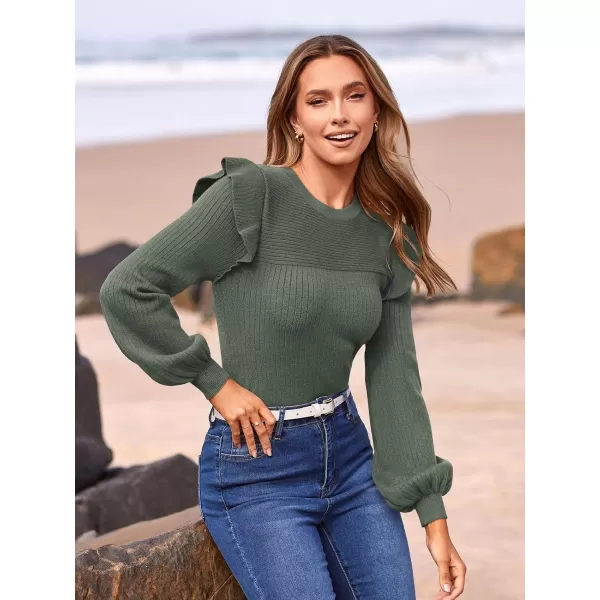 imagePRETTYGARDEN Womens Ruffle Shoulder Long Sleeve Sweaters Crew Neck Slim Fitted 2023 Fall Ribbed Knit TopsBean Green