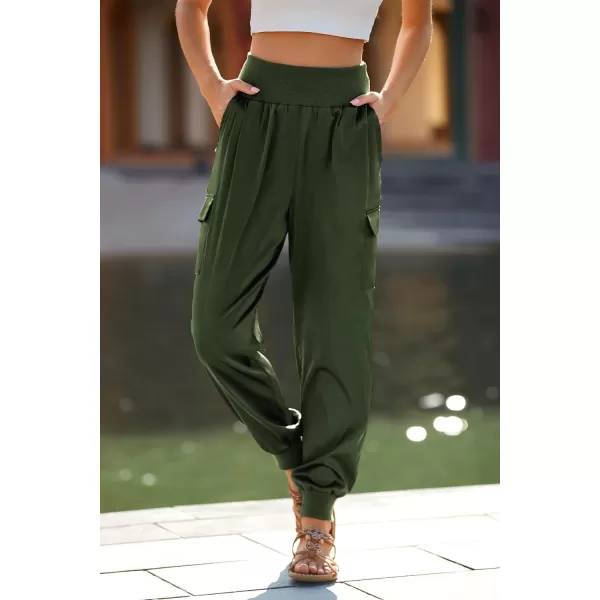 imagePRETTYGARDEN Womens Satin Jogger Pants Casual High Waist Long Lounge Pant Trousers with PocketsArmy Green