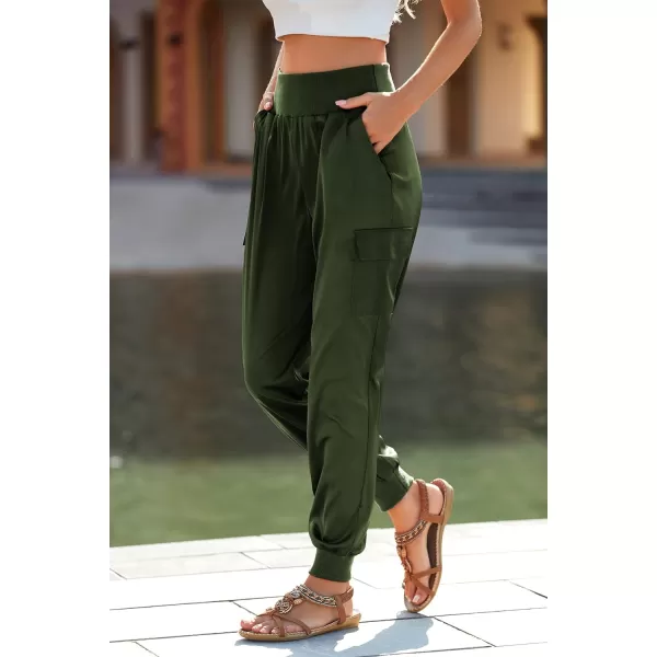 imagePRETTYGARDEN Womens Satin Jogger Pants Casual High Waist Long Lounge Pant Trousers with PocketsArmy Green