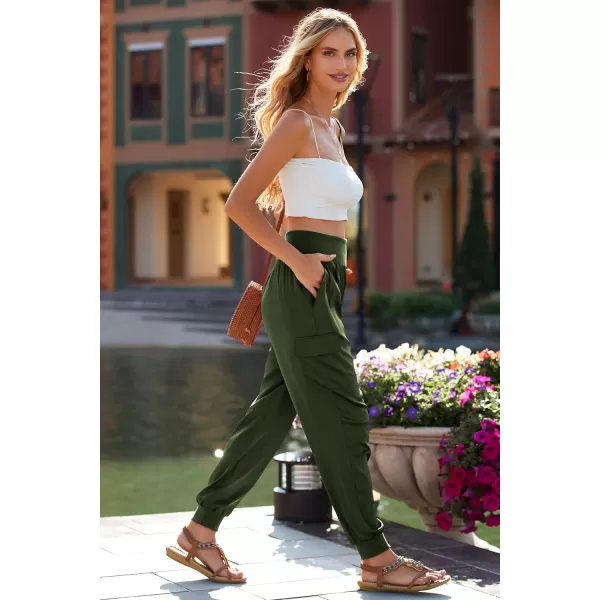 imagePRETTYGARDEN Womens Satin Jogger Pants Casual High Waist Long Lounge Pant Trousers with PocketsArmy Green