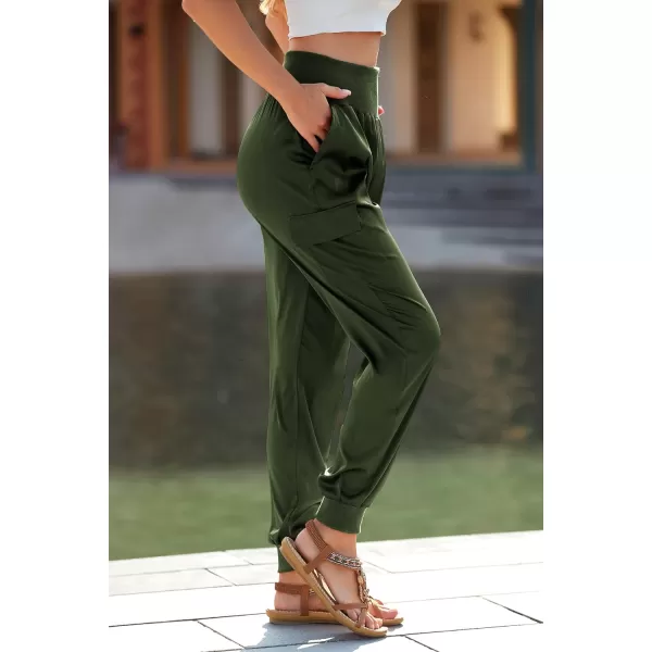 imagePRETTYGARDEN Womens Satin Jogger Pants Casual High Waist Long Lounge Pant Trousers with PocketsArmy Green