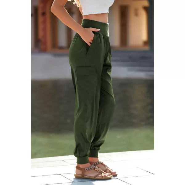 imagePRETTYGARDEN Womens Satin Jogger Pants Casual High Waist Long Lounge Pant Trousers with PocketsArmy Green