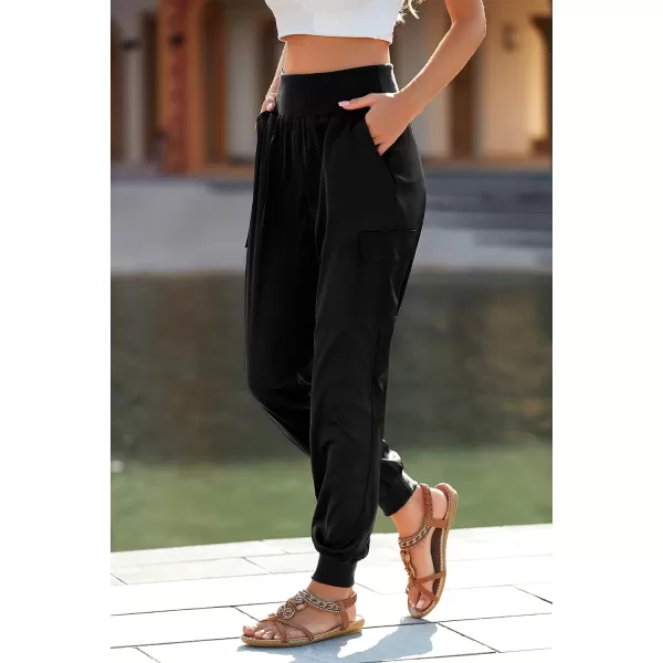 imagePRETTYGARDEN Womens Satin Jogger Pants Casual High Waist Long Lounge Pant Trousers with PocketsBlack