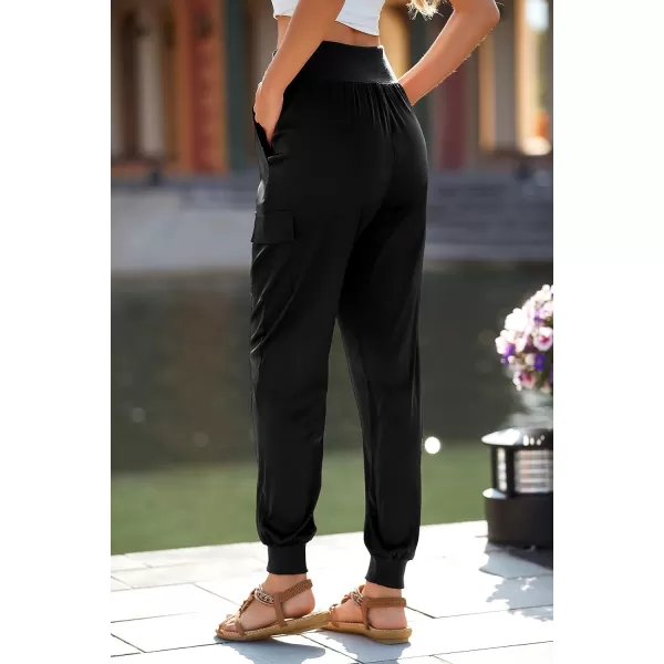 imagePRETTYGARDEN Womens Satin Jogger Pants Casual High Waist Long Lounge Pant Trousers with PocketsBlack