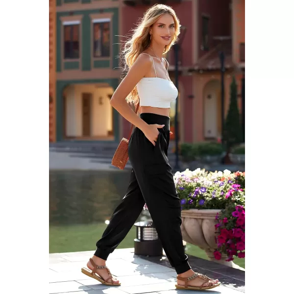 imagePRETTYGARDEN Womens Satin Jogger Pants Casual High Waist Long Lounge Pant Trousers with PocketsBlack