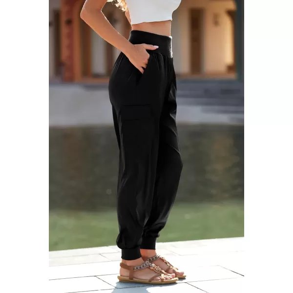 imagePRETTYGARDEN Womens Satin Jogger Pants Casual High Waist Long Lounge Pant Trousers with PocketsBlack