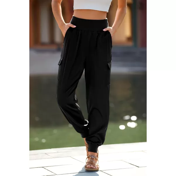 imagePRETTYGARDEN Womens Satin Jogger Pants Casual High Waist Long Lounge Pant Trousers with PocketsBlack