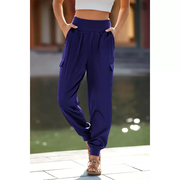 imagePRETTYGARDEN Womens Satin Jogger Pants Casual High Waist Long Lounge Pant Trousers with PocketsBlue Purple