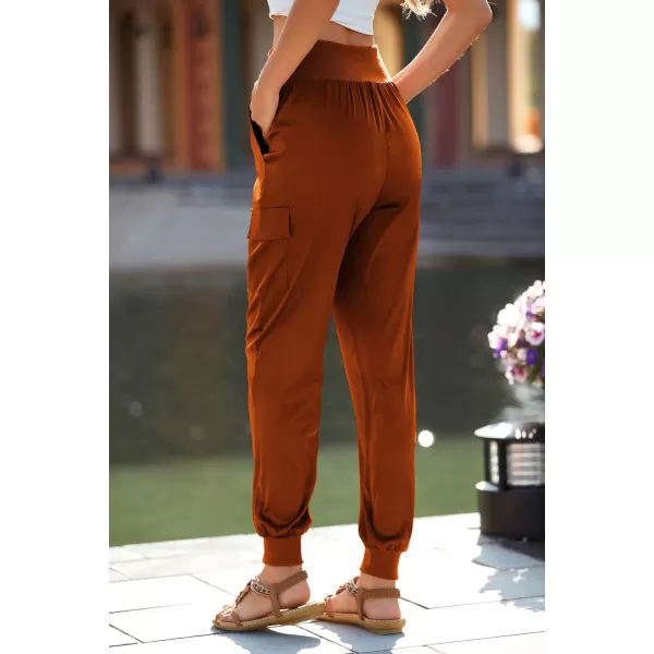 imagePRETTYGARDEN Womens Satin Jogger Pants Casual High Waist Long Lounge Pant Trousers with PocketsBrick Red