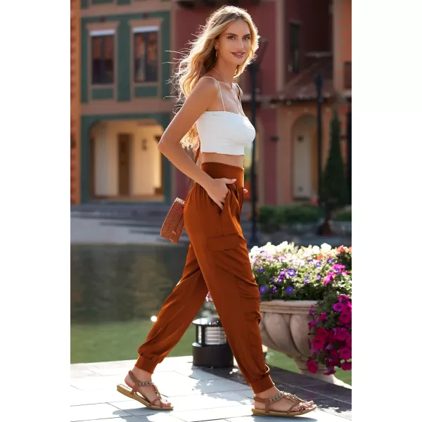 imagePRETTYGARDEN Womens Satin Jogger Pants Casual High Waist Long Lounge Pant Trousers with PocketsBrick Red