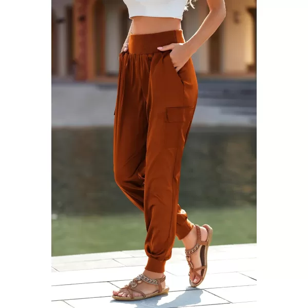 imagePRETTYGARDEN Womens Satin Jogger Pants Casual High Waist Long Lounge Pant Trousers with PocketsBrick Red