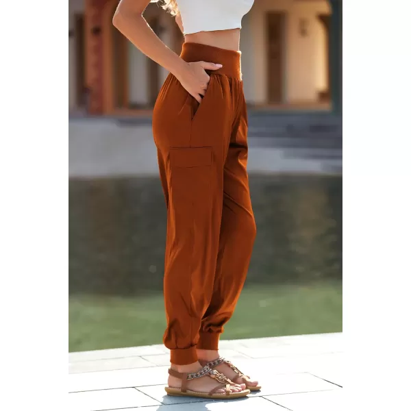 imagePRETTYGARDEN Womens Satin Jogger Pants Casual High Waist Long Lounge Pant Trousers with PocketsBrick Red