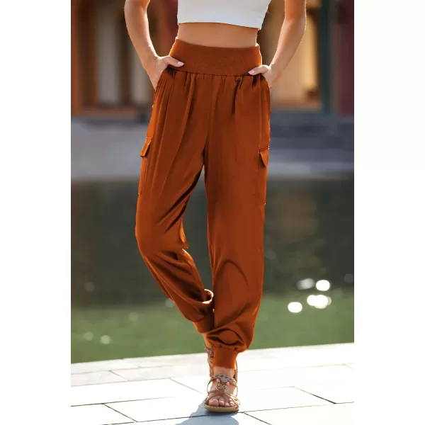 imagePRETTYGARDEN Womens Satin Jogger Pants Casual High Waist Long Lounge Pant Trousers with PocketsBrick Red