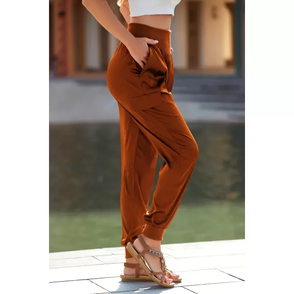 imagePRETTYGARDEN Womens Satin Jogger Pants Casual High Waist Long Lounge Pant Trousers with PocketsBrick Red