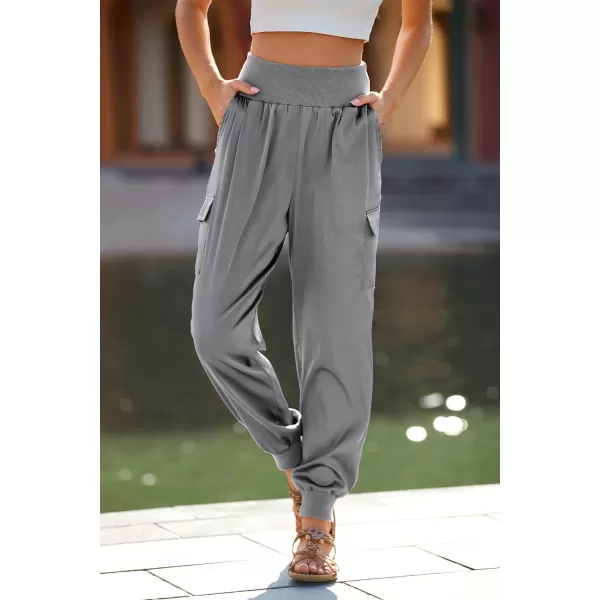 imagePRETTYGARDEN Womens Satin Jogger Pants Casual High Waist Long Lounge Pant Trousers with PocketsGrey