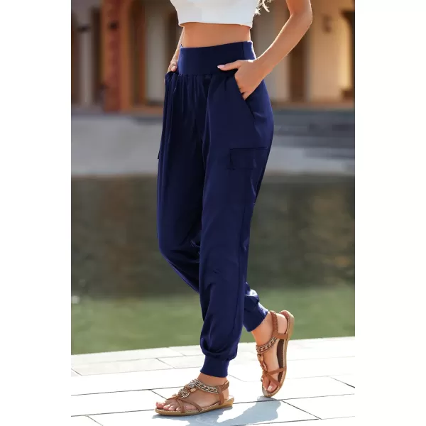 imagePRETTYGARDEN Womens Satin Jogger Pants Casual High Waist Long Lounge Pant Trousers with PocketsNavy
