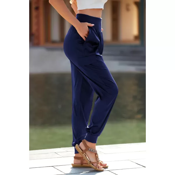 imagePRETTYGARDEN Womens Satin Jogger Pants Casual High Waist Long Lounge Pant Trousers with PocketsNavy
