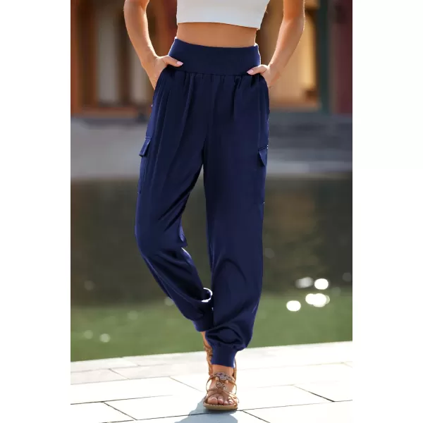 imagePRETTYGARDEN Womens Satin Jogger Pants Casual High Waist Long Lounge Pant Trousers with PocketsNavy