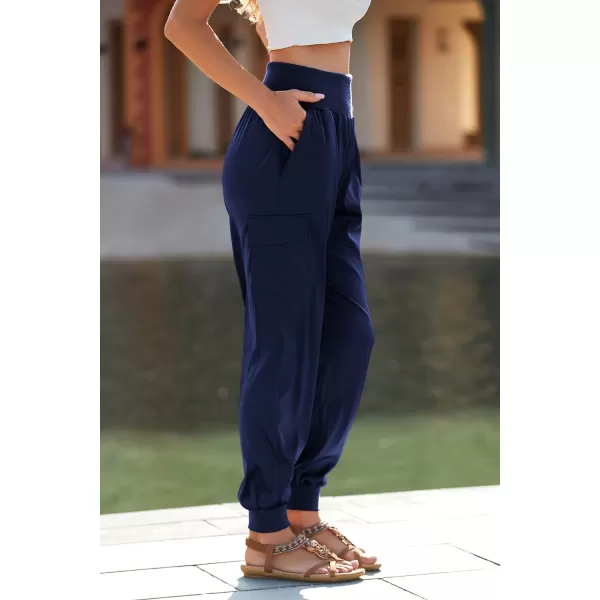 imagePRETTYGARDEN Womens Satin Jogger Pants Casual High Waist Long Lounge Pant Trousers with PocketsNavy