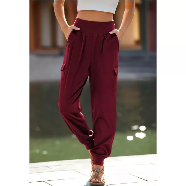 imagePRETTYGARDEN Womens Satin Jogger Pants Casual High Waist Long Lounge Pant Trousers with PocketsWine Red