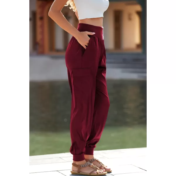 imagePRETTYGARDEN Womens Satin Jogger Pants Casual High Waist Long Lounge Pant Trousers with PocketsWine Red