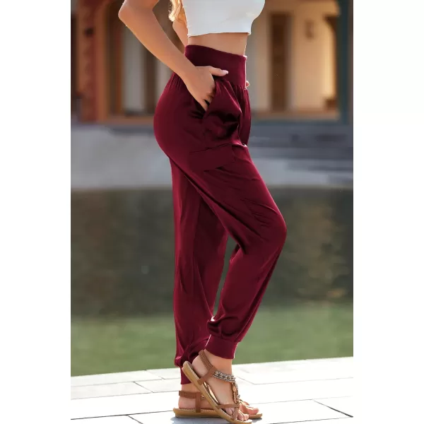 imagePRETTYGARDEN Womens Satin Jogger Pants Casual High Waist Long Lounge Pant Trousers with PocketsWine Red