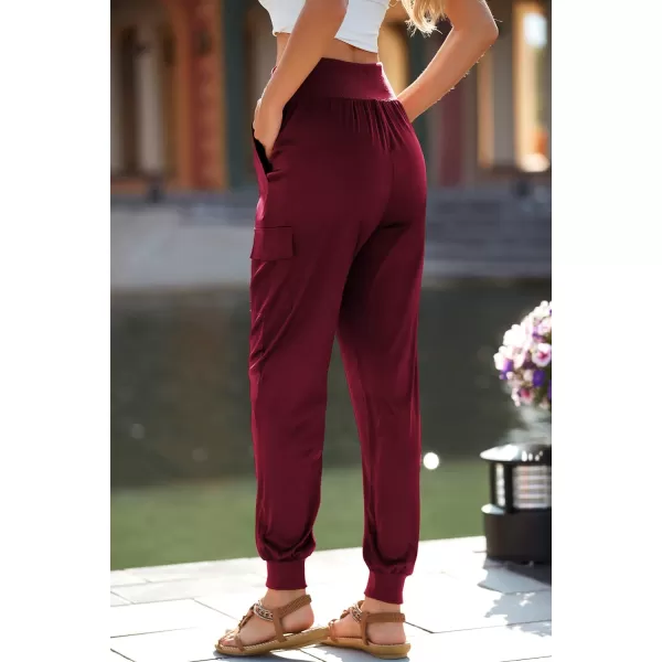 imagePRETTYGARDEN Womens Satin Jogger Pants Casual High Waist Long Lounge Pant Trousers with PocketsWine Red
