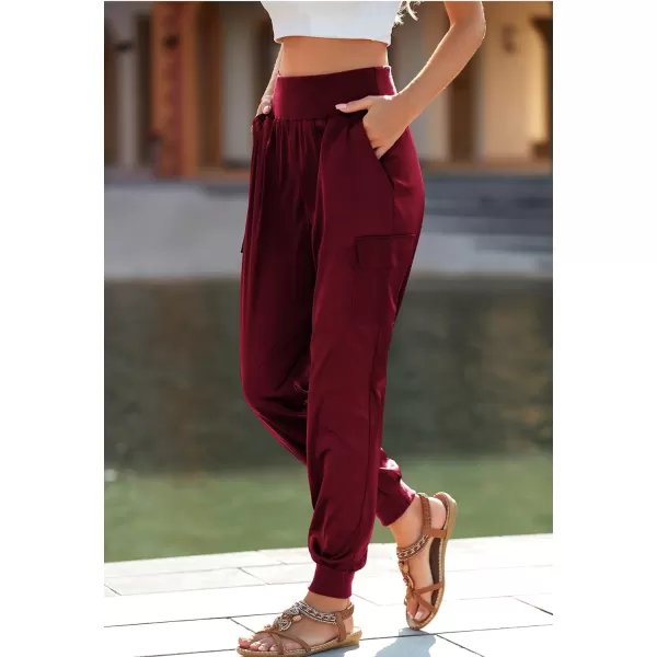 imagePRETTYGARDEN Womens Satin Jogger Pants Casual High Waist Long Lounge Pant Trousers with PocketsWine Red