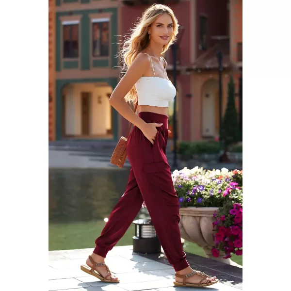 imagePRETTYGARDEN Womens Satin Jogger Pants Casual High Waist Long Lounge Pant Trousers with PocketsWine Red