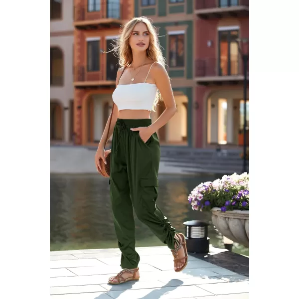 imagePRETTYGARDEN Womens Satin Jogger Pants Casual High Waist Long Lounge Pant Trousers with PocketsZarmy Green