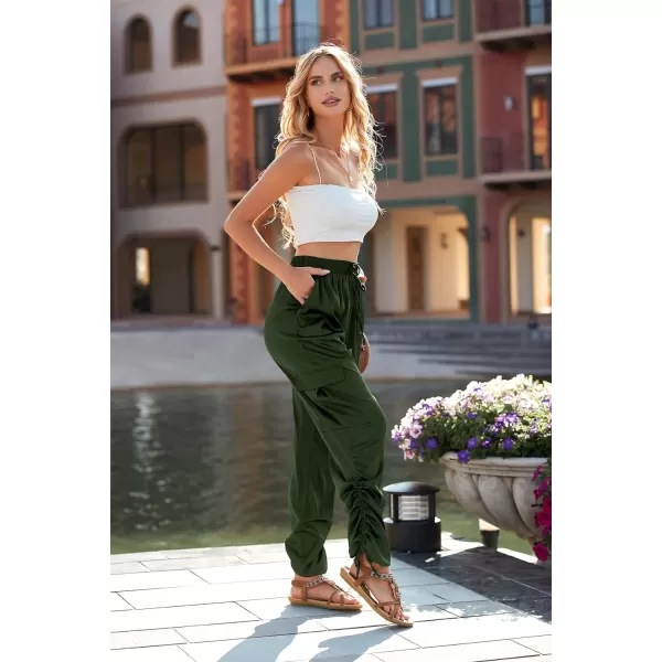 imagePRETTYGARDEN Womens Satin Jogger Pants Casual High Waist Long Lounge Pant Trousers with PocketsZarmy Green