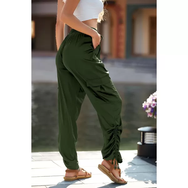 imagePRETTYGARDEN Womens Satin Jogger Pants Casual High Waist Long Lounge Pant Trousers with PocketsZarmy Green