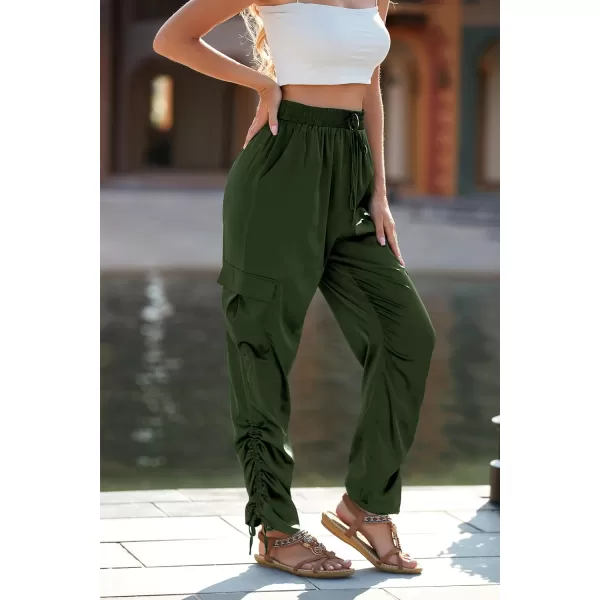 imagePRETTYGARDEN Womens Satin Jogger Pants Casual High Waist Long Lounge Pant Trousers with PocketsZarmy Green