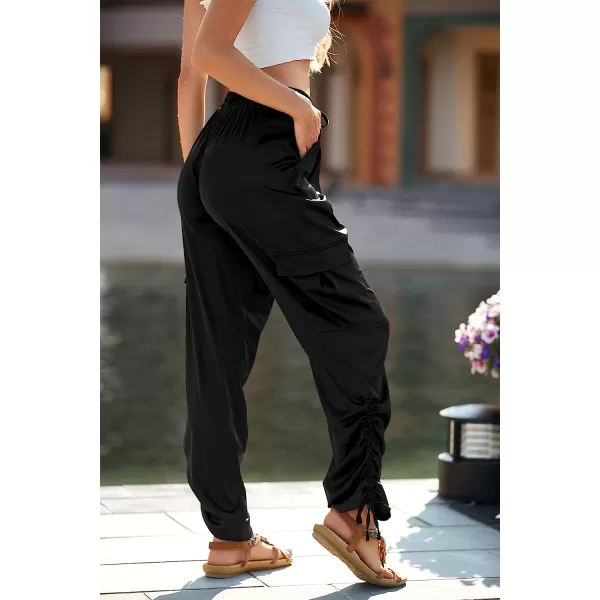 imagePRETTYGARDEN Womens Satin Jogger Pants Casual High Waist Long Lounge Pant Trousers with PocketsZblack