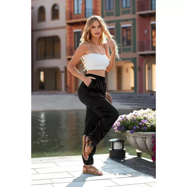 imagePRETTYGARDEN Womens Satin Jogger Pants Casual High Waist Long Lounge Pant Trousers with PocketsZblack