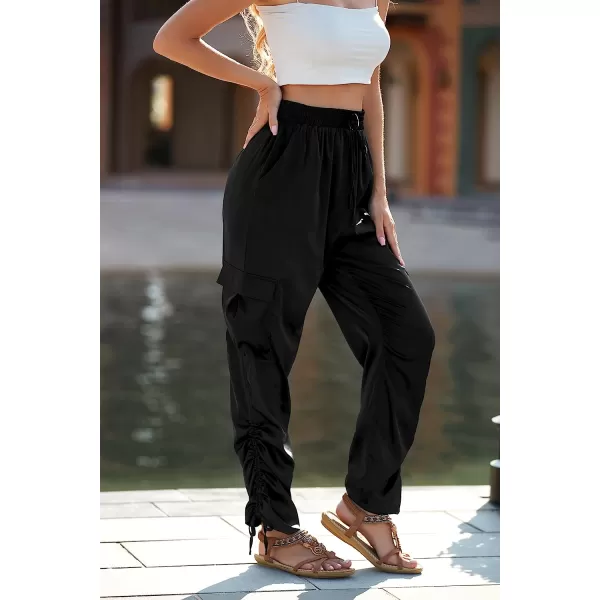 imagePRETTYGARDEN Womens Satin Jogger Pants Casual High Waist Long Lounge Pant Trousers with PocketsZblack