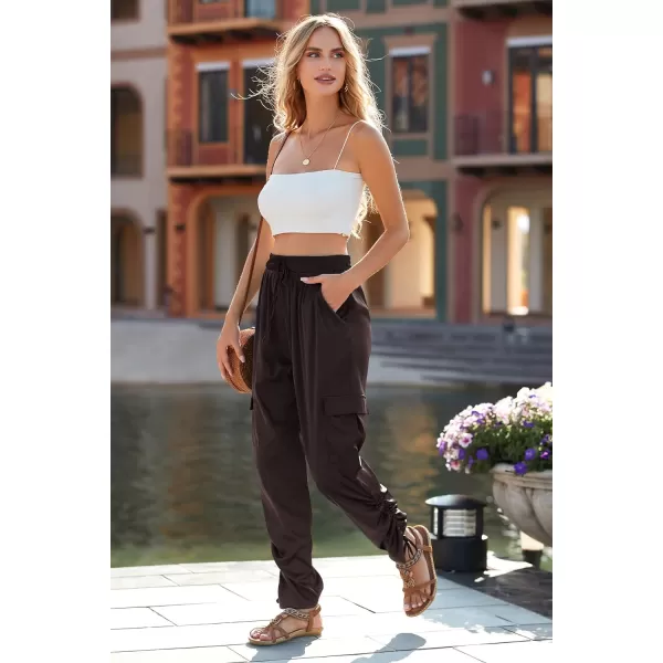 imagePRETTYGARDEN Womens Satin Jogger Pants Casual High Waist Long Lounge Pant Trousers with PocketsZdark Coffee